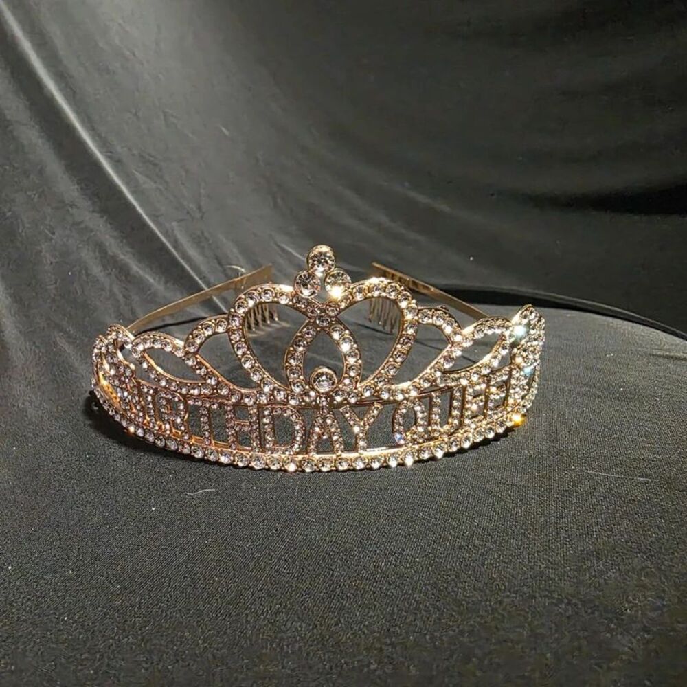 Birthday Queen Rhinestone Tiara Crown Gold Tone Party Headband Comb